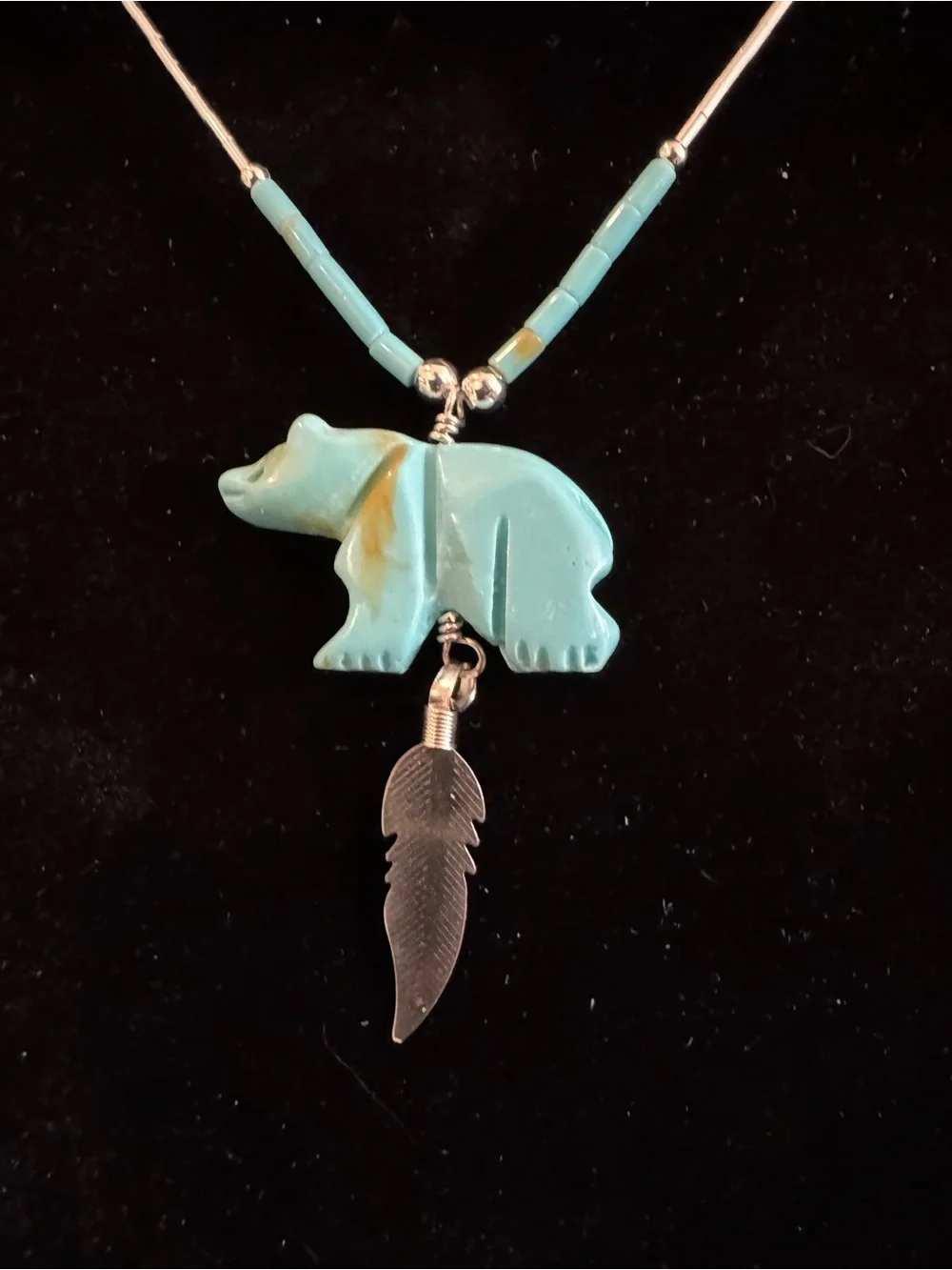 Turquoise Bear Pendant Necklace liquid silver with Silver‎ Feather